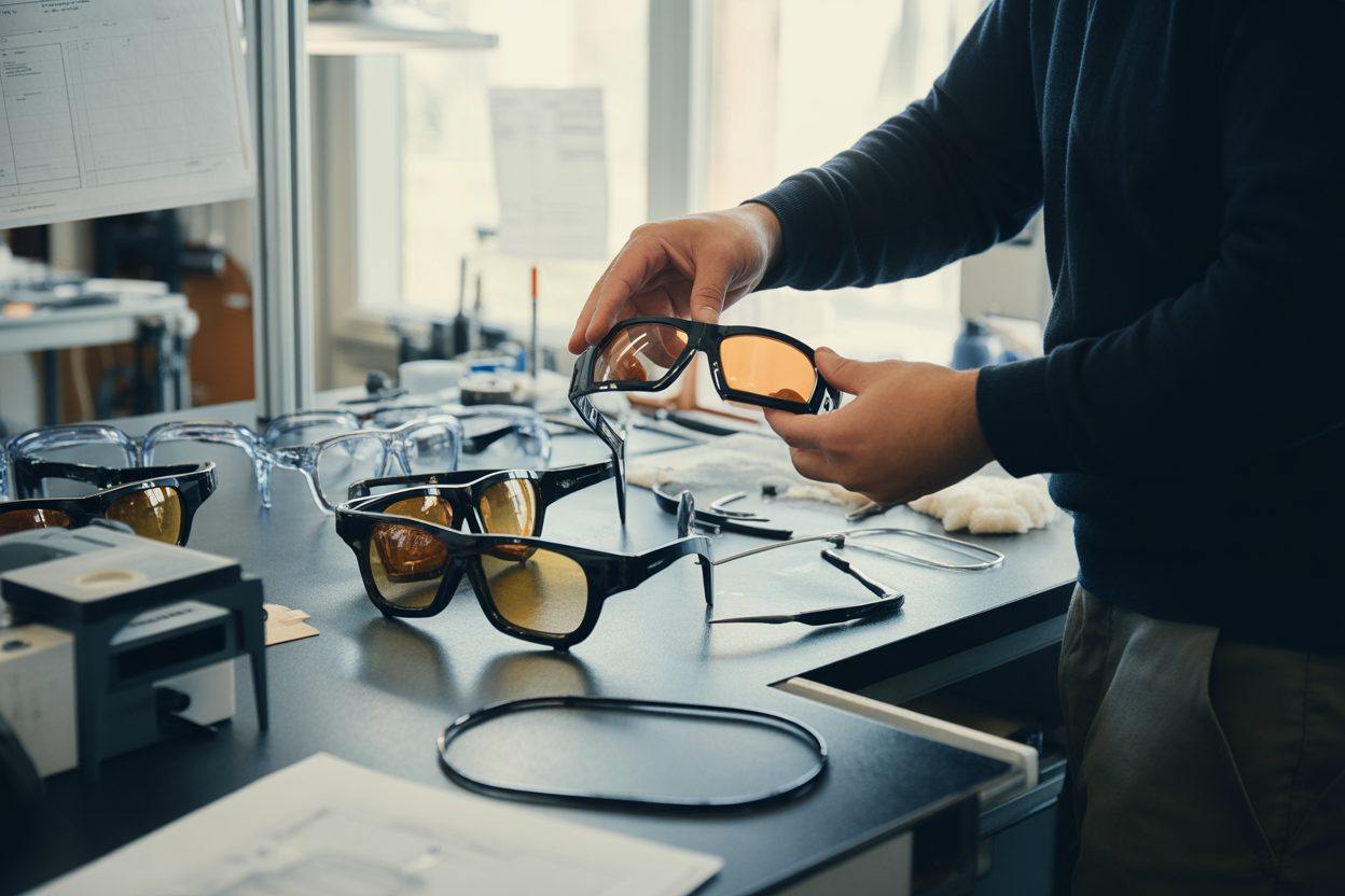 Assemblage de lunettes d'observation sur un plan de travail industriel, lentilles et montures en cours de fabrication