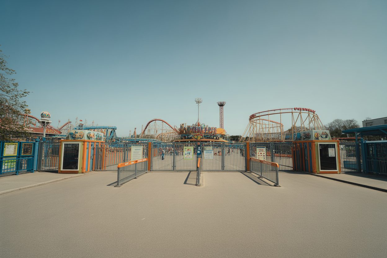 Parc d'attractions désert avec portails fermés et attractions immobiles en arrière-plan