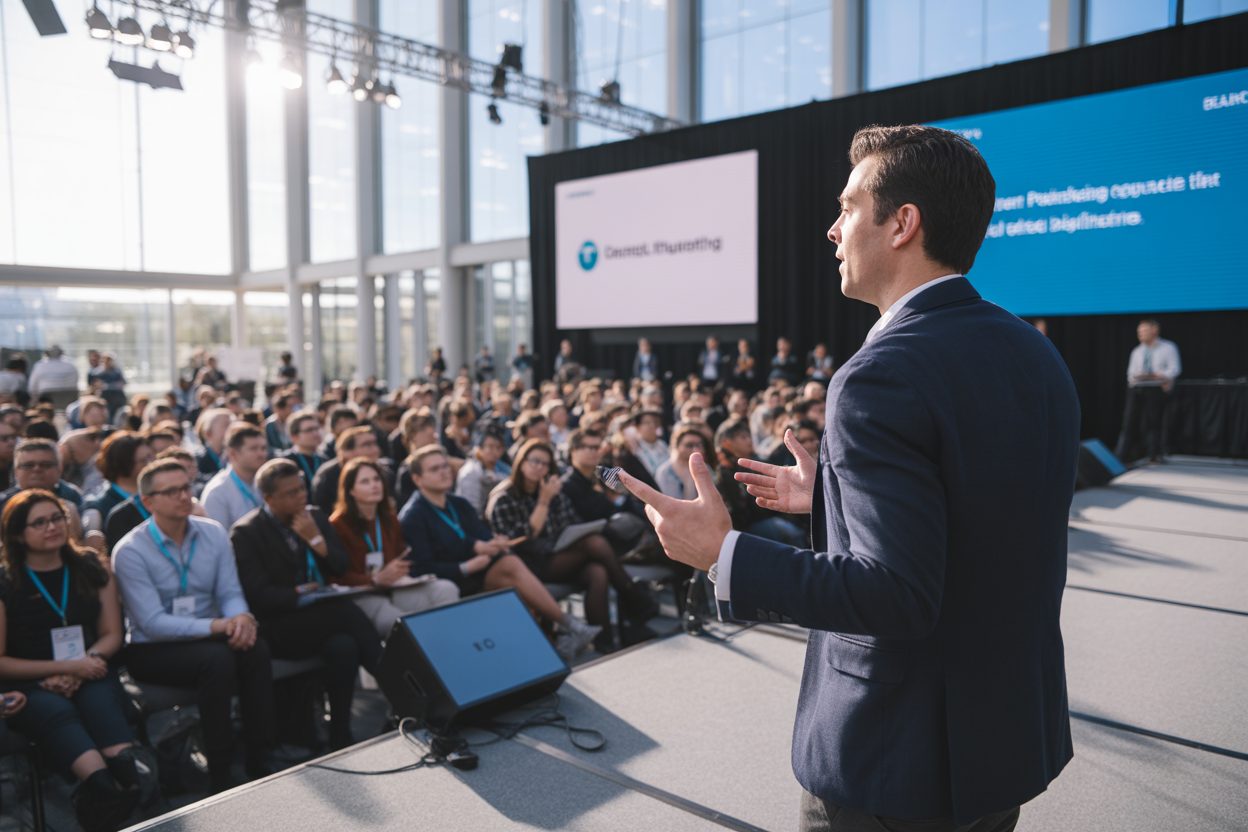Medadom intègre le Next40 après cinq ans dans le FT120, refinance sa majorité et vise l'Europe Entrepreneur presentant sur scene lors d'une conference technologique devant un public attentif