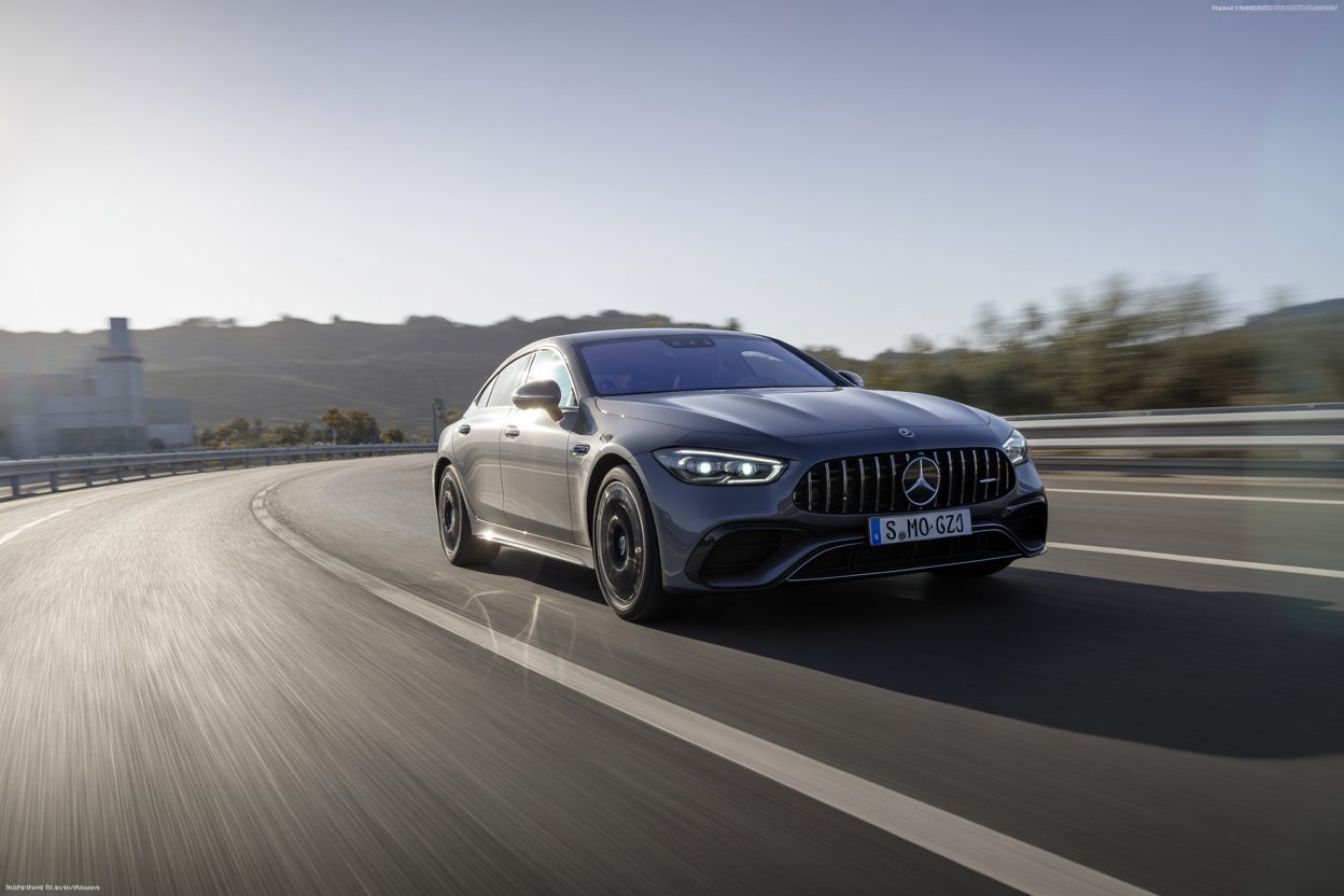 Berline électrique sportive aux lignes affutées en mouvement sur route