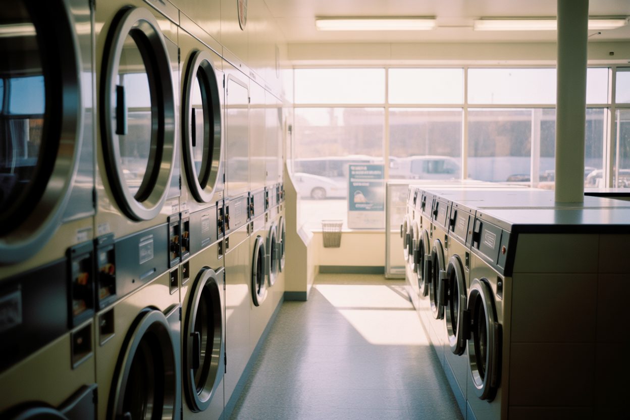 Miquelon ouvre sa laverie municipale : deux machines entre l'église et le port Intérieur d'une laverie municipale avec rangées de machines à laver et sèche-linge modernes