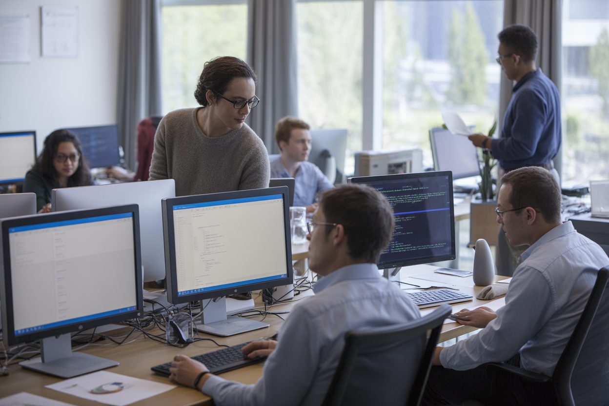 Equipe de développeurs et entrepreneurs dans un espace de travail technologique contemporain