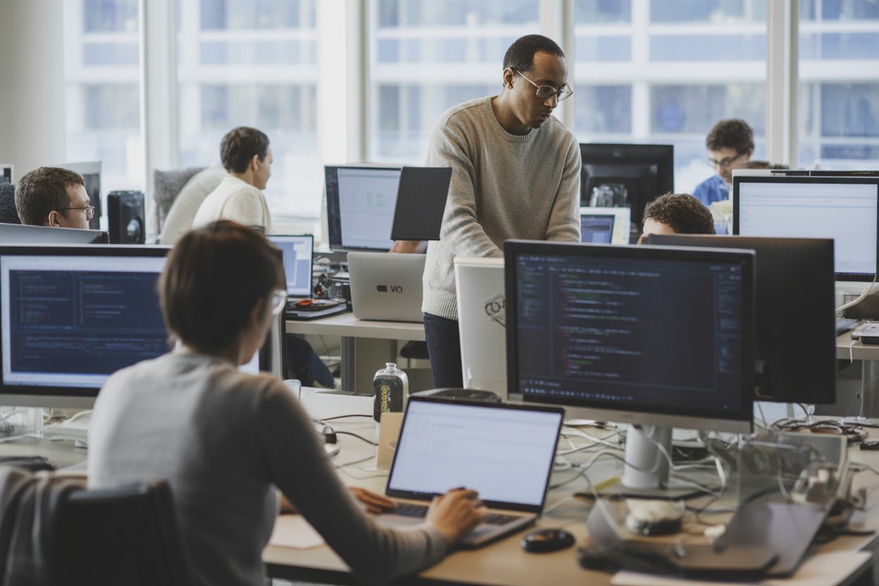 Équipe de développeurs travaillant dans un espace de bureaux technologiques contemporain