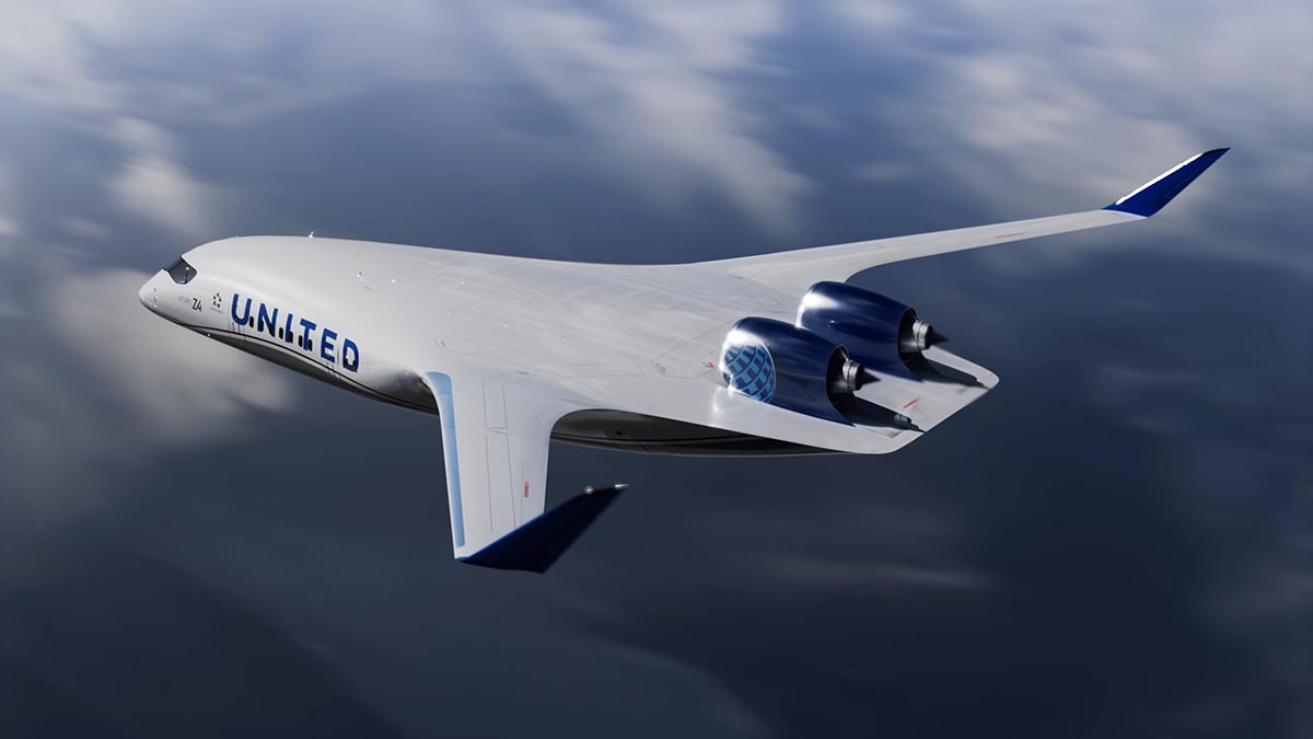 Avion JetZero Z4 en vol illustrant son design à fuselage intégré destiné à réduire la consommation de carburant