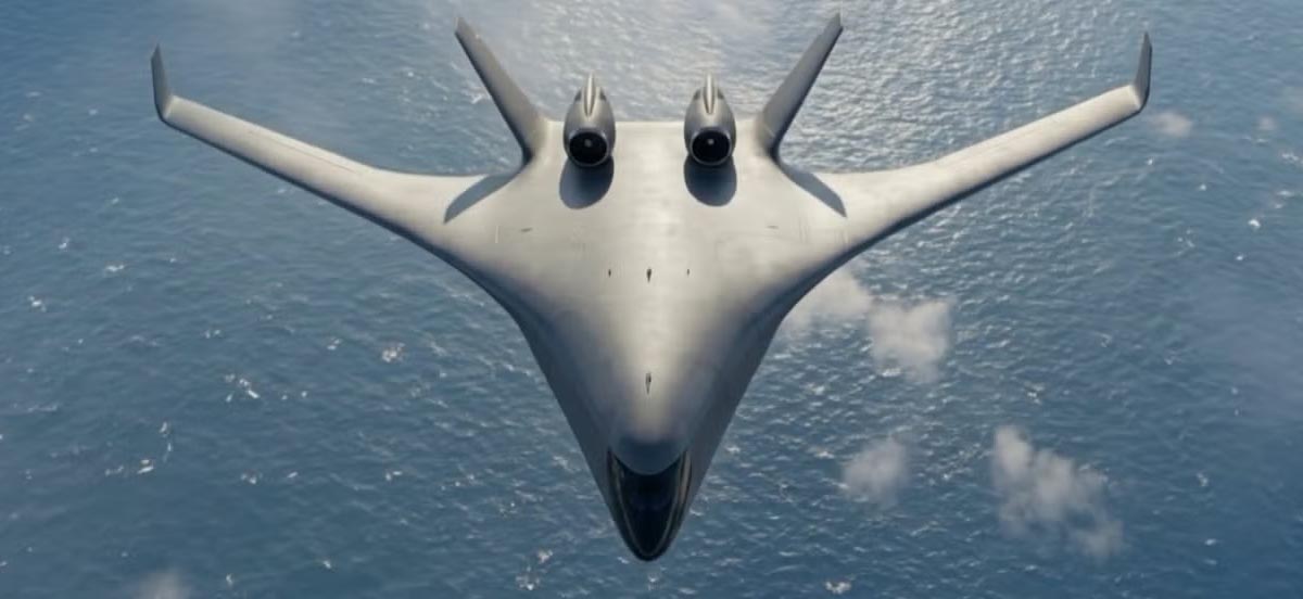 JetZero Z4 en vue avant avec configuration blended wing body et cabine passagers