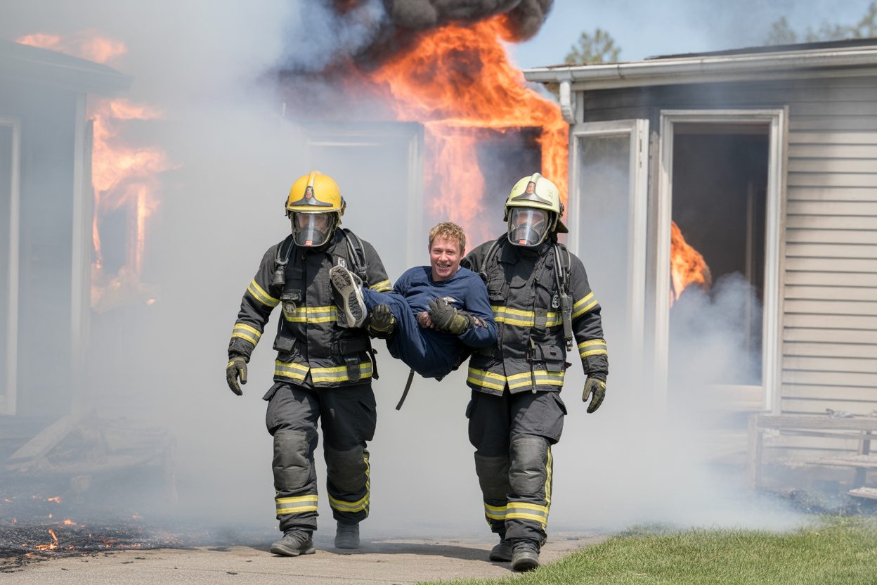 Oberhoffen-sur-Moder : deux hommes décorés après être entrés sans protection dans une maison en feu Pompiers en tenue de protection évacuant une personne d'un bâtiment sinistré