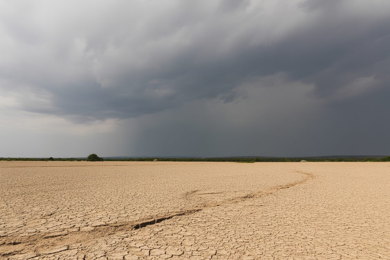 Occitanie : fin de canicule annoncée pour le 20 août, après un été aux 50 journées à 35 °C Paysage aride sous forte chaleur avec nuages d'orage se formant à l'horizon