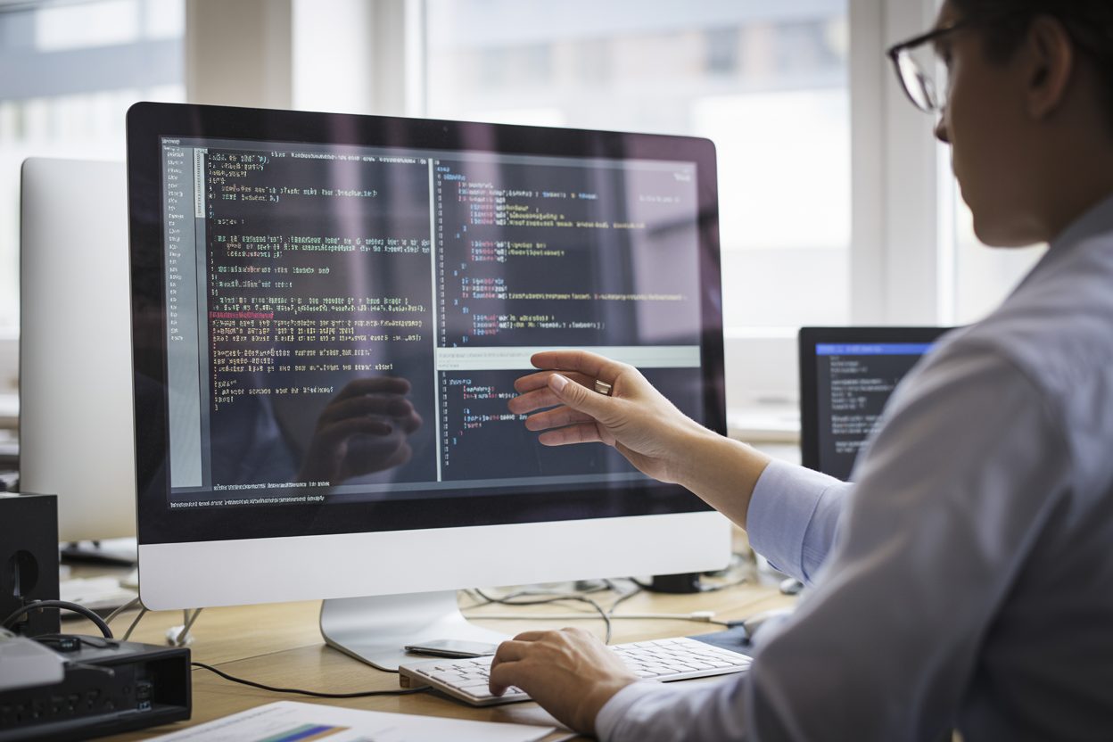 Oracle PeopleSoft : faille critique exploitée 14 jours avant le correctif, 100 organisations touchées Écran d'ordinateur affichant du code informatique et des alertes de sécurité en environnement professionnel