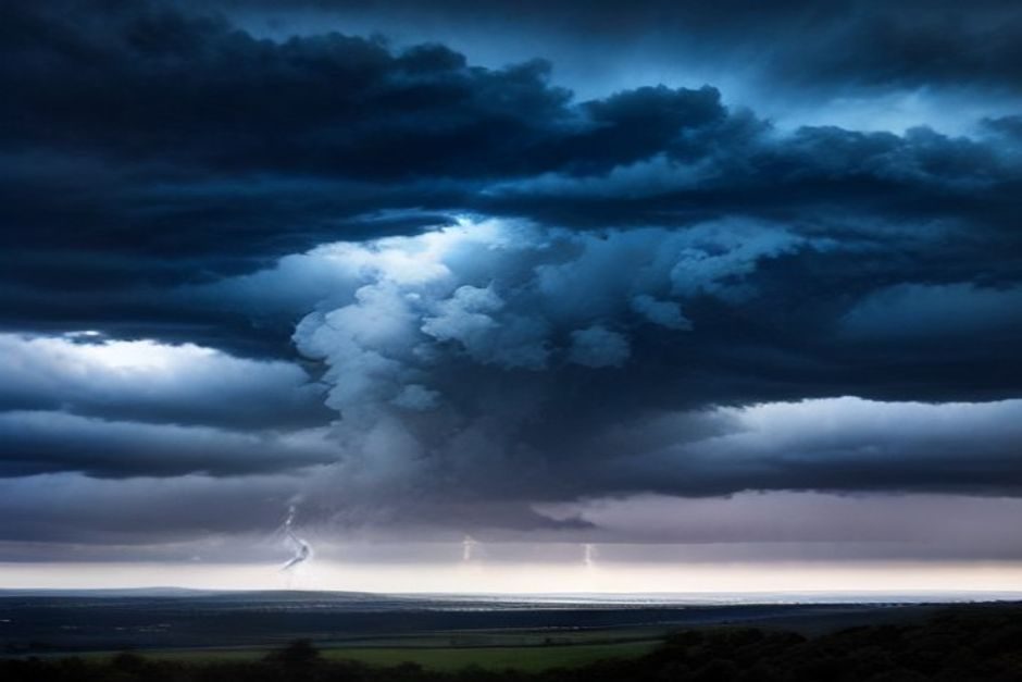 Ciel orageux avec nuages noirs massifs et pluie intense sur un paysage rural