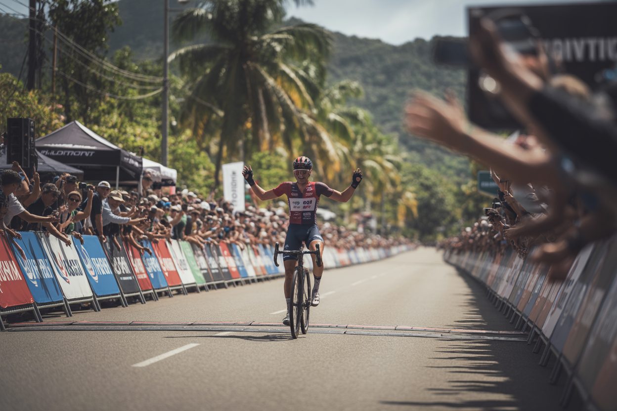 Owen Cole entre dans l'histoire : premier Américain vainqueur du Tour de Guadeloupe Cycliste franchissant la ligne d'arrivée, bras levés en signe de victoire
