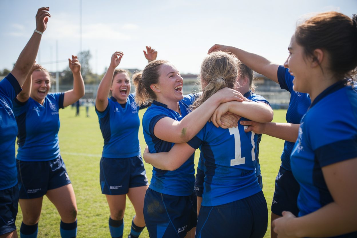 Pelote basque : les Calédoniennes Larrondo et Eyherabide s'imposent 35-32 en finale à Saint-Pierre Joueuses de rugby célébrant leur victoire sur le terrain après une finale