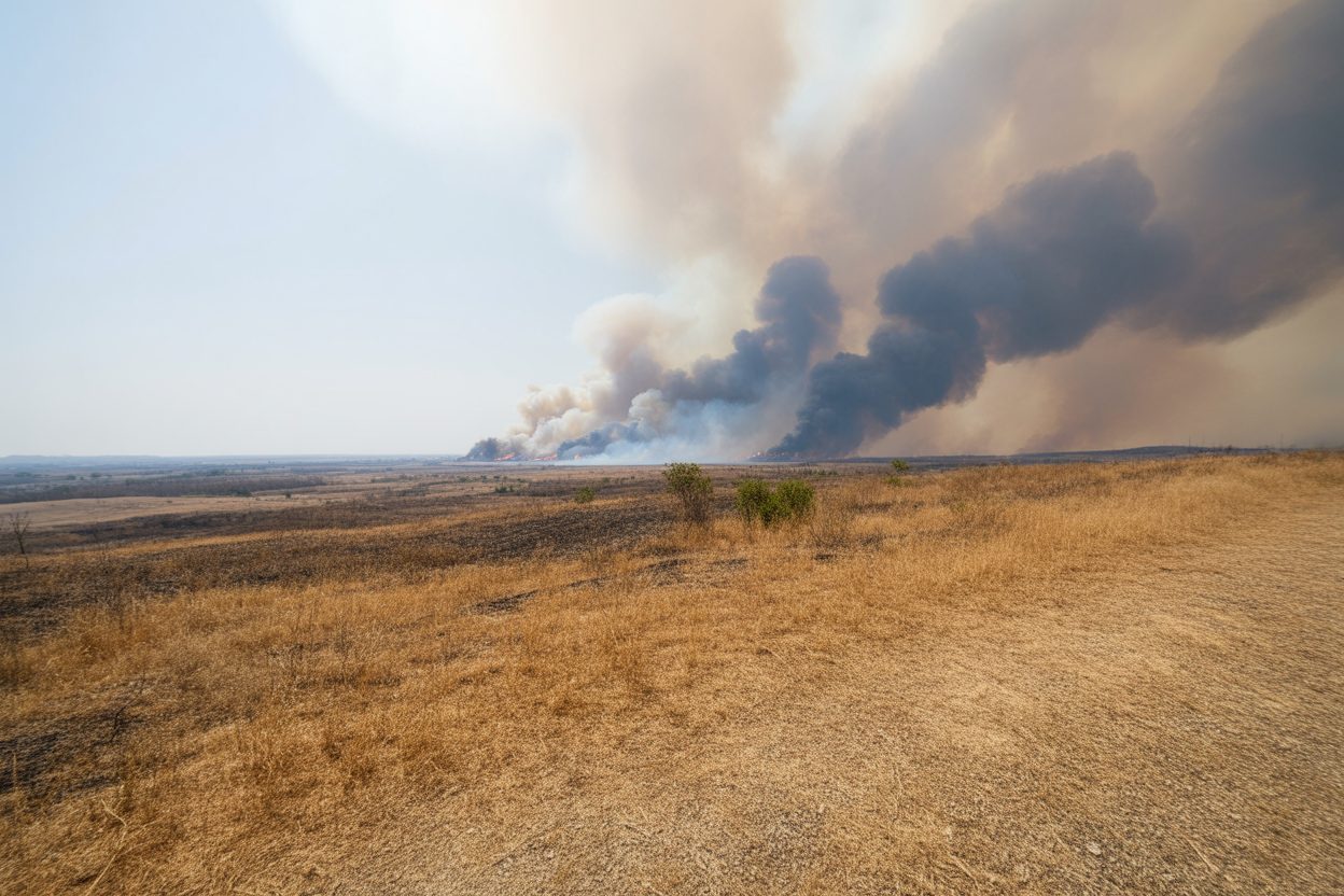 Pic de chaleur caniculaire cette semaine en Centre-Val de Loire : 35°C mercredi et risque très élevé de feux Paysage aride et fumée de feu de forêt sous chaleur extrême