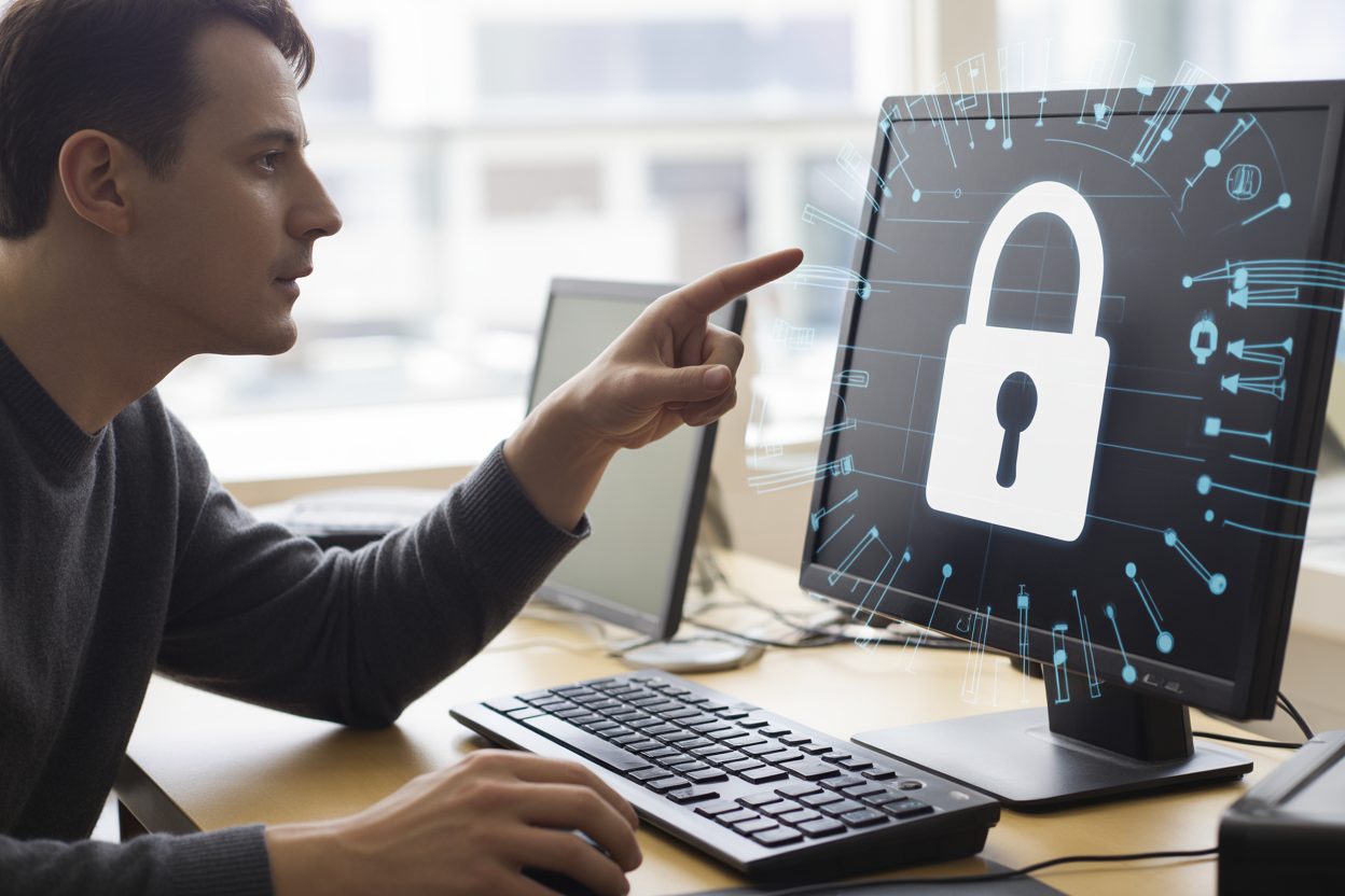 Écran d'ordinateur affichant des symboles de sécurité numérique et de protection des données