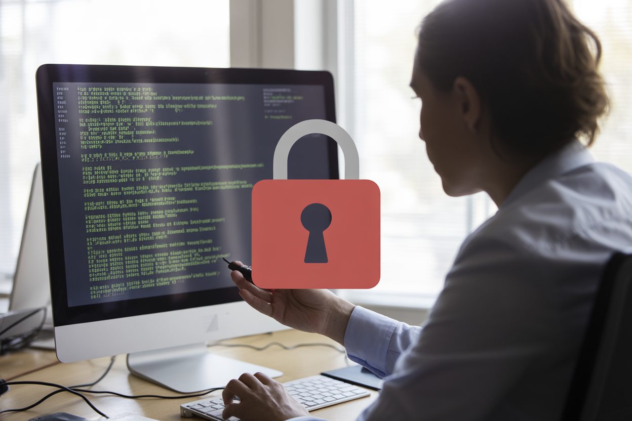 Écran d'ordinateur affichant du code informatique avec un cadenas rouge symbolisant une violation de sécurité