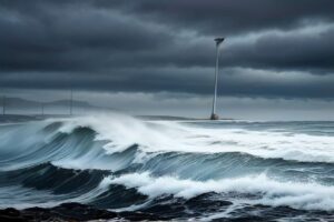 Plage fermée à la baignade avec drapeaux d'interdiction et vagues agitées sous ciel orageux