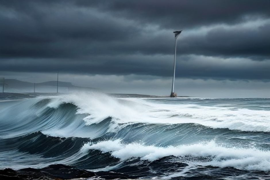 Plage fermée à la baignade avec drapeaux d'interdiction et vagues agitées sous ciel orageux