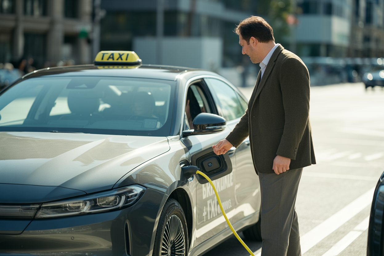 Pour accélérer l'électrification des taxis, l'État ouvre une aide de 5 500 € sur quatre mois seulement Chauffeur de taxi inspectant un véhicule électrique garé en milieu urbain