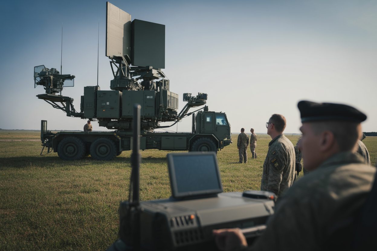 Système de défense aérienne moderne avec équipements de surveillance et de détection en environnement opérationnel