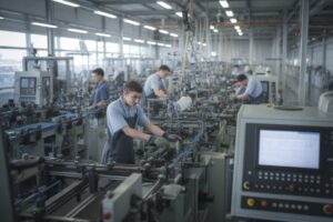 Ouvriers en tenue de sécurité travaillant sur des chaînes de production automatisées en usine moderne