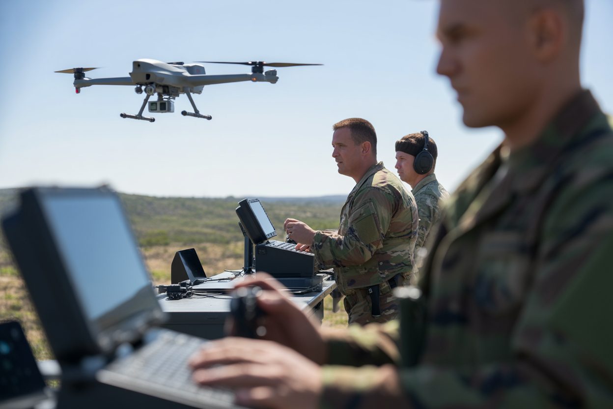 Militaires pilotant un drone tactique en vol au-dessus d'un terrain opérationnel