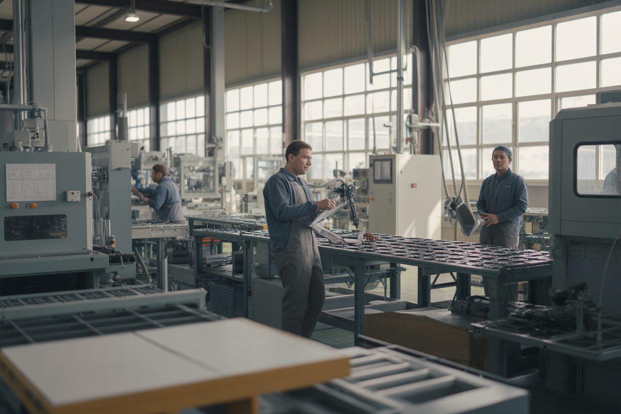 PPG investit 40 millions d'euros dans le Pas-de-Calais et la Somme, 39 emplois à la clé Ouvriers en équipement de sécurité surveillant les chaînes de production dans une usine moderne