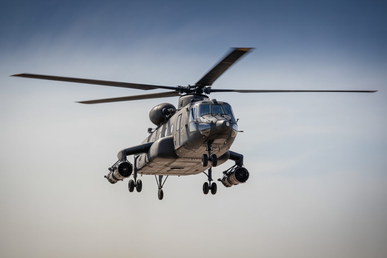 Hélicoptère lourd Chinook en vol, équipé pour le largage d'eau lors d'opérations de lutte incendie