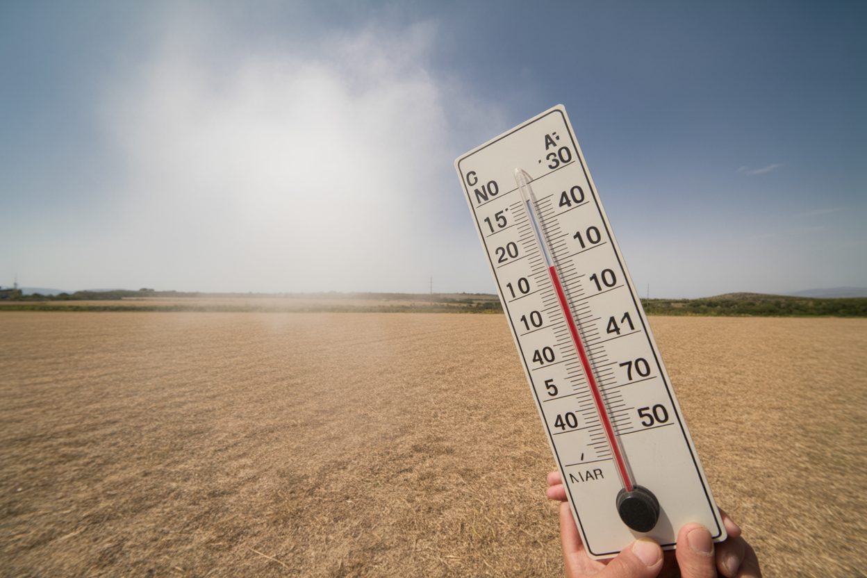 Paysage désertique sous une chaleur extrême, avec thermomètre affichant des températures élevées et ciel blanc de canicule