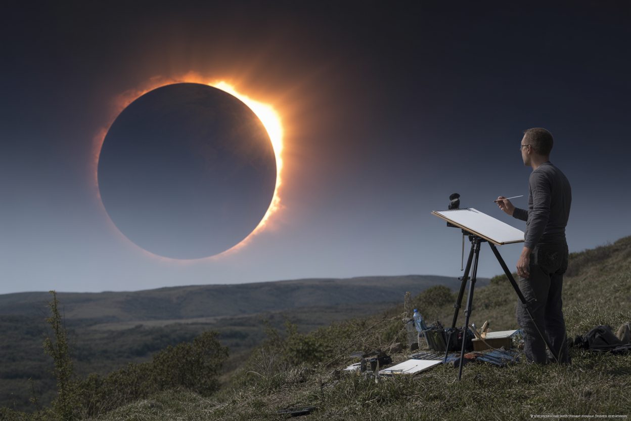 Quand le soleil disparaît, les artistes s'emparent de l'éclipse : de Star Wars à Pink Floyd, un siècle d'inspiration Artiste observant une éclipse solaire totale depuis un point de vue élevé