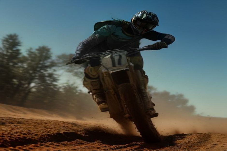 Renève : Solann Gouillon, 15 ans, champion régional de motocross 85 cm³ Jeune pilote de motocross en action sur une piste de terre, en tenue de protection complète