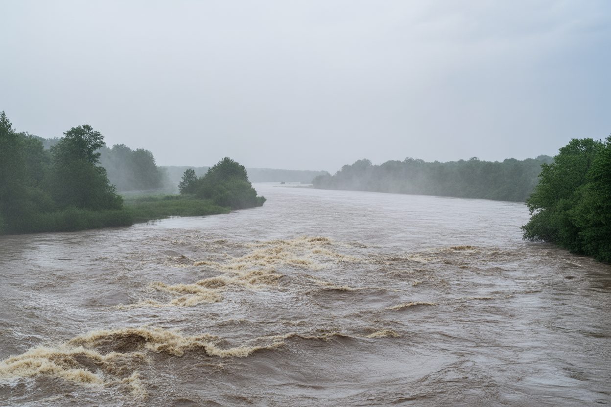 Rivière des Roches : vigilance jaune levée après la montée des eaux dans l'Est Cours d'eau gonflé aux eaux tumultueuses coulant rapidement sous un ciel couvert