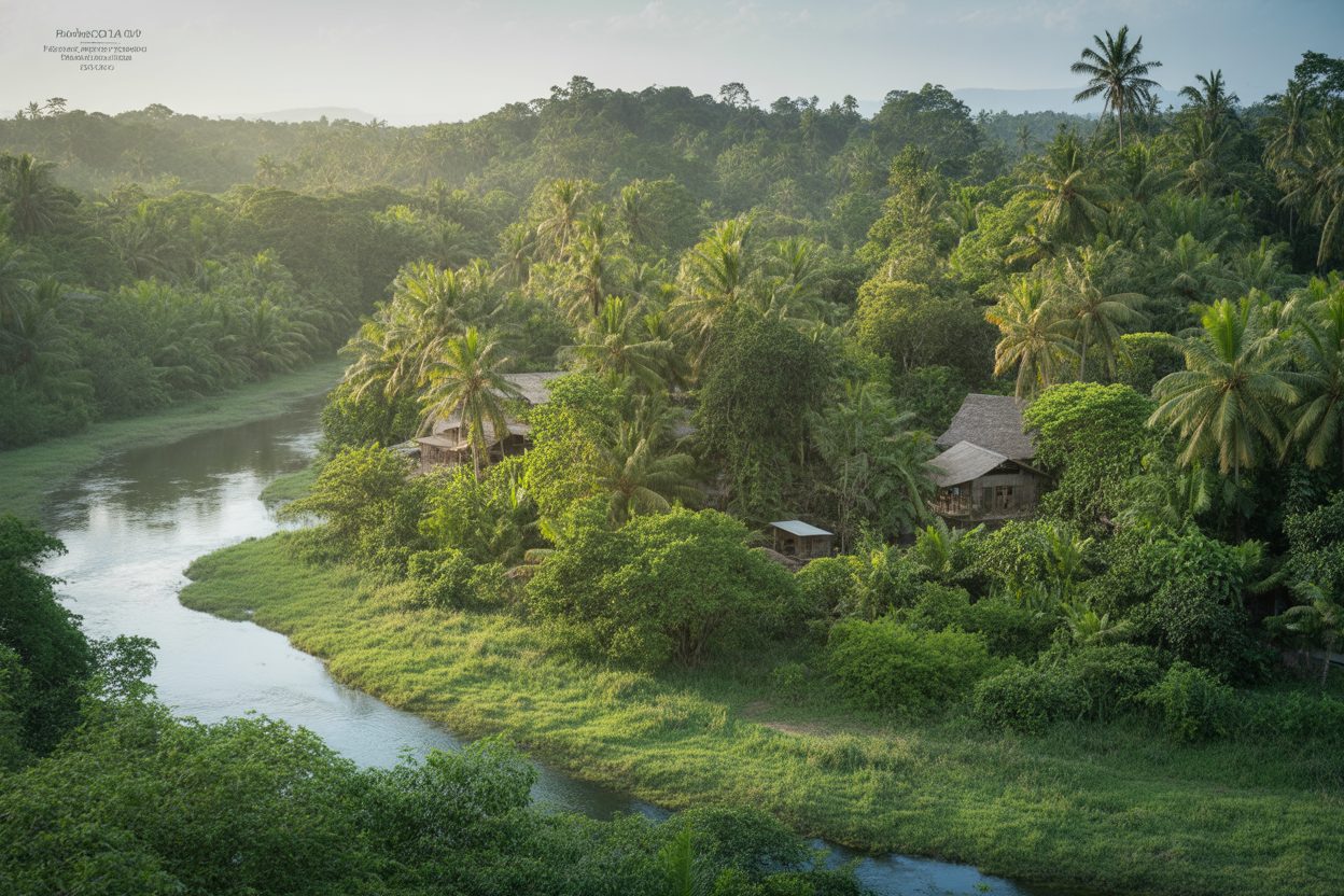 Roura : la petite commune guyanaise où l'eau sculpte les vacances Paysage tropical verdoyant avec rivière, végétation dense et habitations traditionnelles