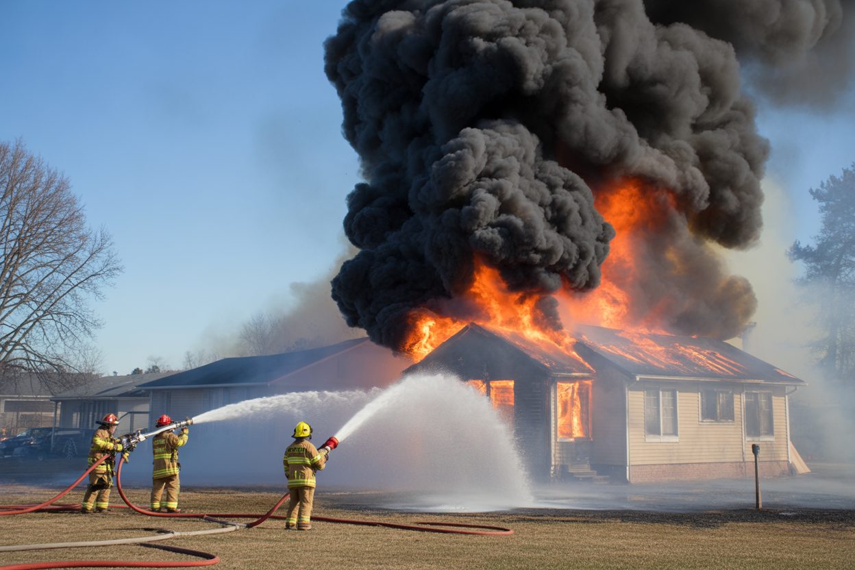 Rue Philippe-Dumanoir à Basse-Terre : une maison de 100 m² ravagée, deux intoxiqués Pompiers en intervention face à un incendie de habitation, lançant des jets d'eau sur les flammes