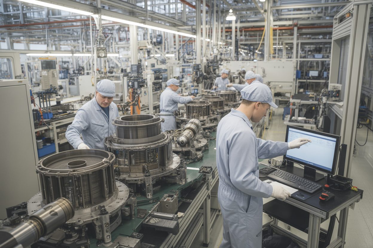 Safran triple la production du M88 en six mois, investit 70 millions au Creusot et attend les 114 Rafale indiens Chaîne de montage d'un moteur d'aviation militaire dans une usine de défense