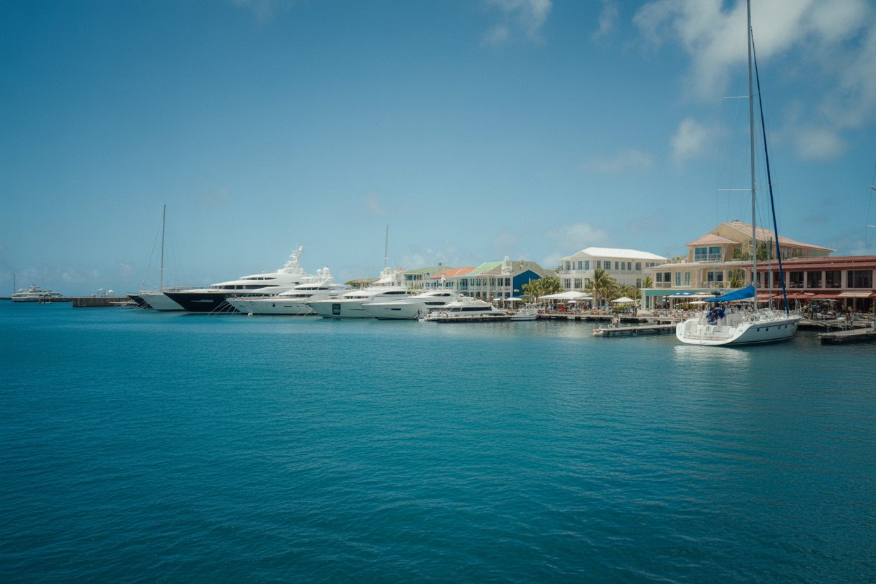 Saint-Barthélemy : 90 000 euros de PIB par habitant en 2023, le double de la France Marina tropicale avec yachts de luxe et bâtiments modernes en bord de mer