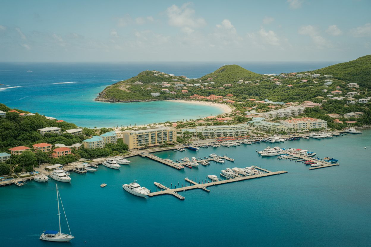 Saint-Barthélemy : 90 103 euros de PIB par habitant en 2023, le double de la moyenne française Vue aérienne d'une île caribéenne avec marina, plages et constructions résidentielles de standing