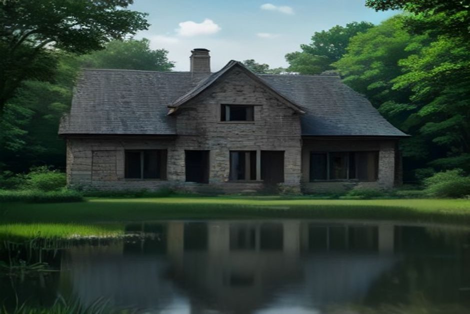 Saint-Lumine-de-Coutais : ferme du 19e siècle démolie, 2,5 millions d'euros pour une médiathèque Ancienne ferme en pierre au bord d'un lac, entourée de végétation naturelle et de machines de chantier