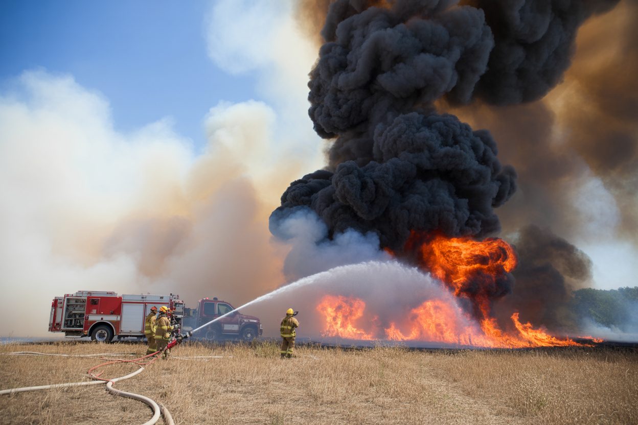 Saint-Martin-de-Crau : 174 pompiers mobilisés sur un incendie à proximité d'un site Seveso Pompiers en intervention face à un incendie de végétation avec véhicules d'urgence