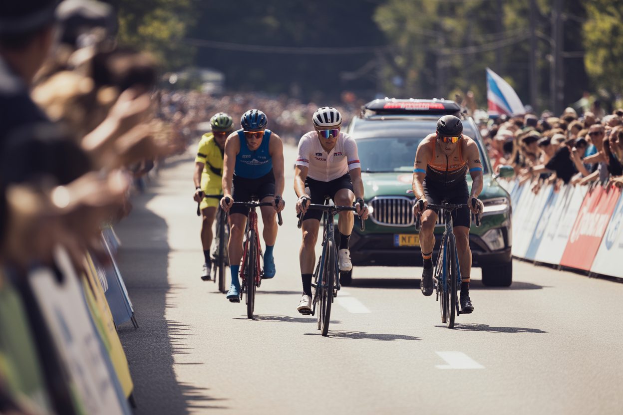 Saint-Martin-des-Champs accueille une course cycliste le 13 septembre 2026 Cyclistes en action lors d'une épreuve de course sur route, avec spectateurs en bordure