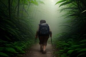 Randonneuse en montagne progressant sur un sentier forestier dense et humide