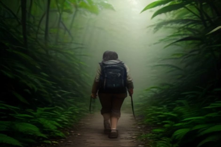 Randonneuse en montagne progressant sur un sentier forestier dense et humide