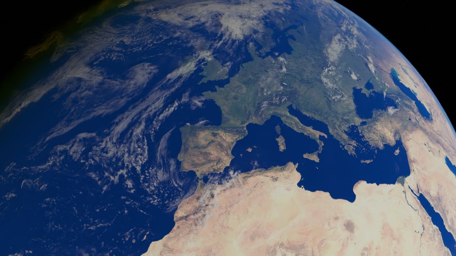 A breathtaking satellite view of Earth focusing on Europe and Africa, showcasing the blue oceans and landmass contrast.