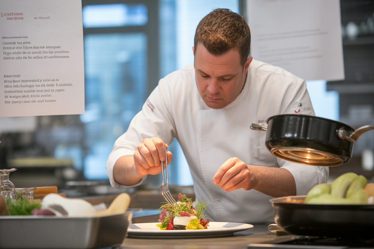 Sébastien Faramond sacré Gault&Millau d'Or 2026 en Nouvelle-Aquitaine Chef en cuisine préparant un plat gastronomique avec soin et précision culinaire