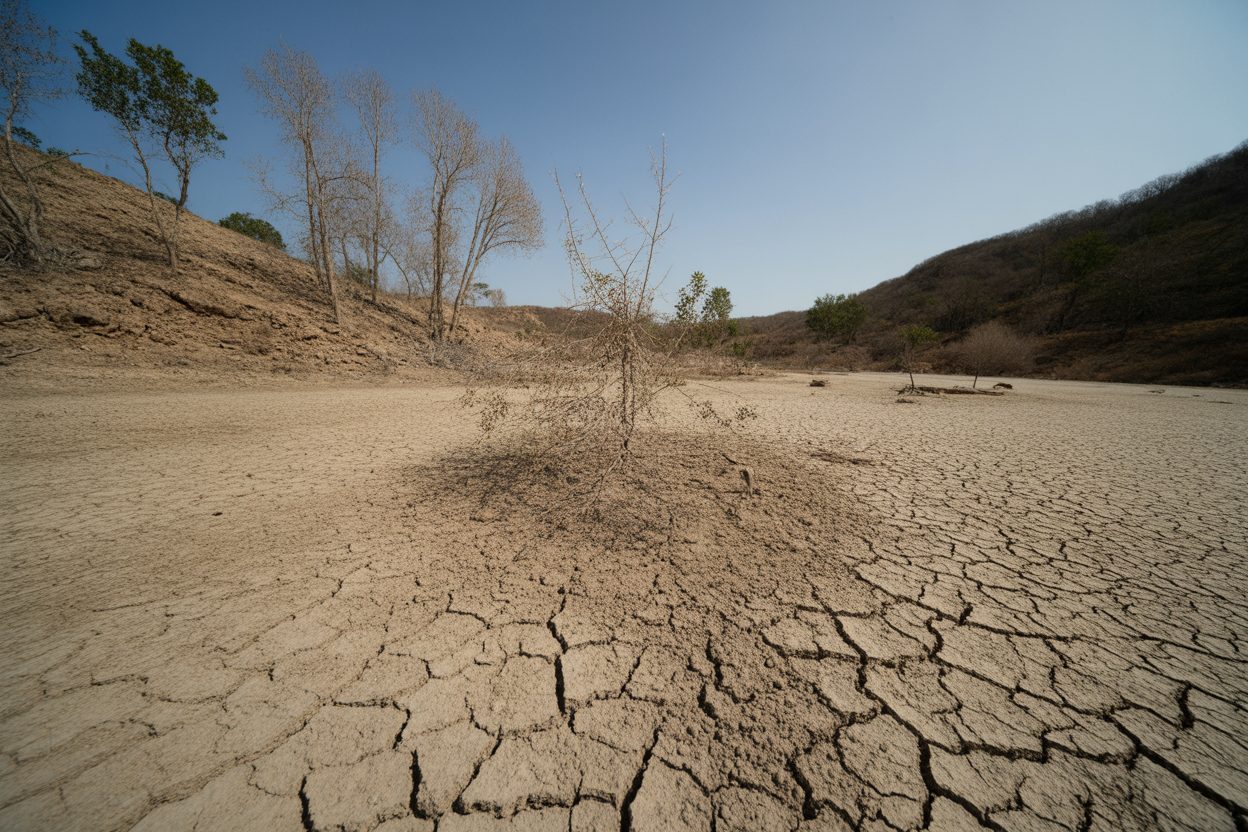 Sécheresse : 90 communes du Var et des Alpes-Maritimes sous restrictions d'eau, 15,5% de pluie en moins Terre desséchée et fissurée sous un soleil intense, végétation flétrie et paysage aride