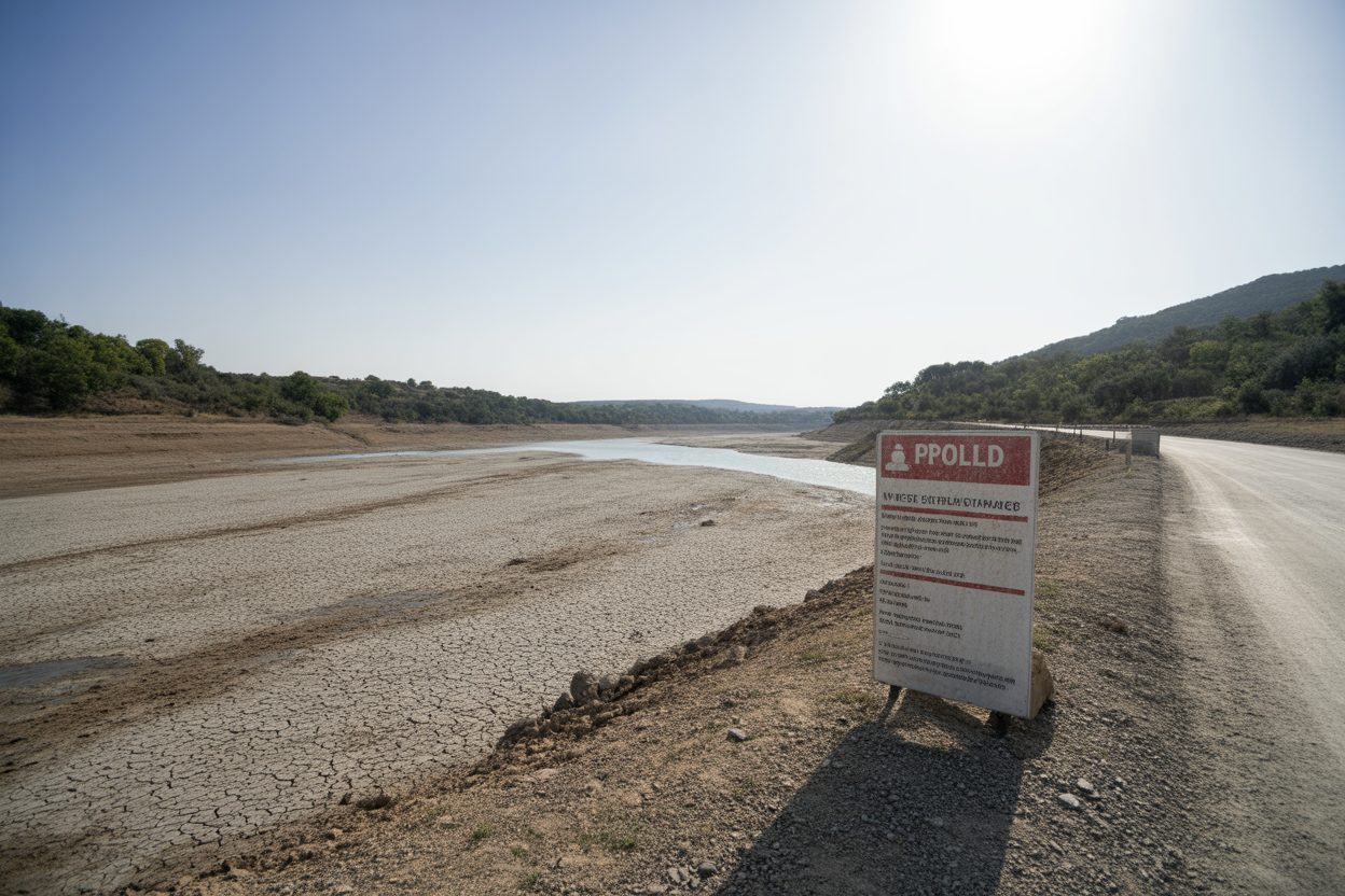 Lit asséché d'une rivière ou retenue d'eau, avec terre fissurée et végétation clairsemée sous le soleil