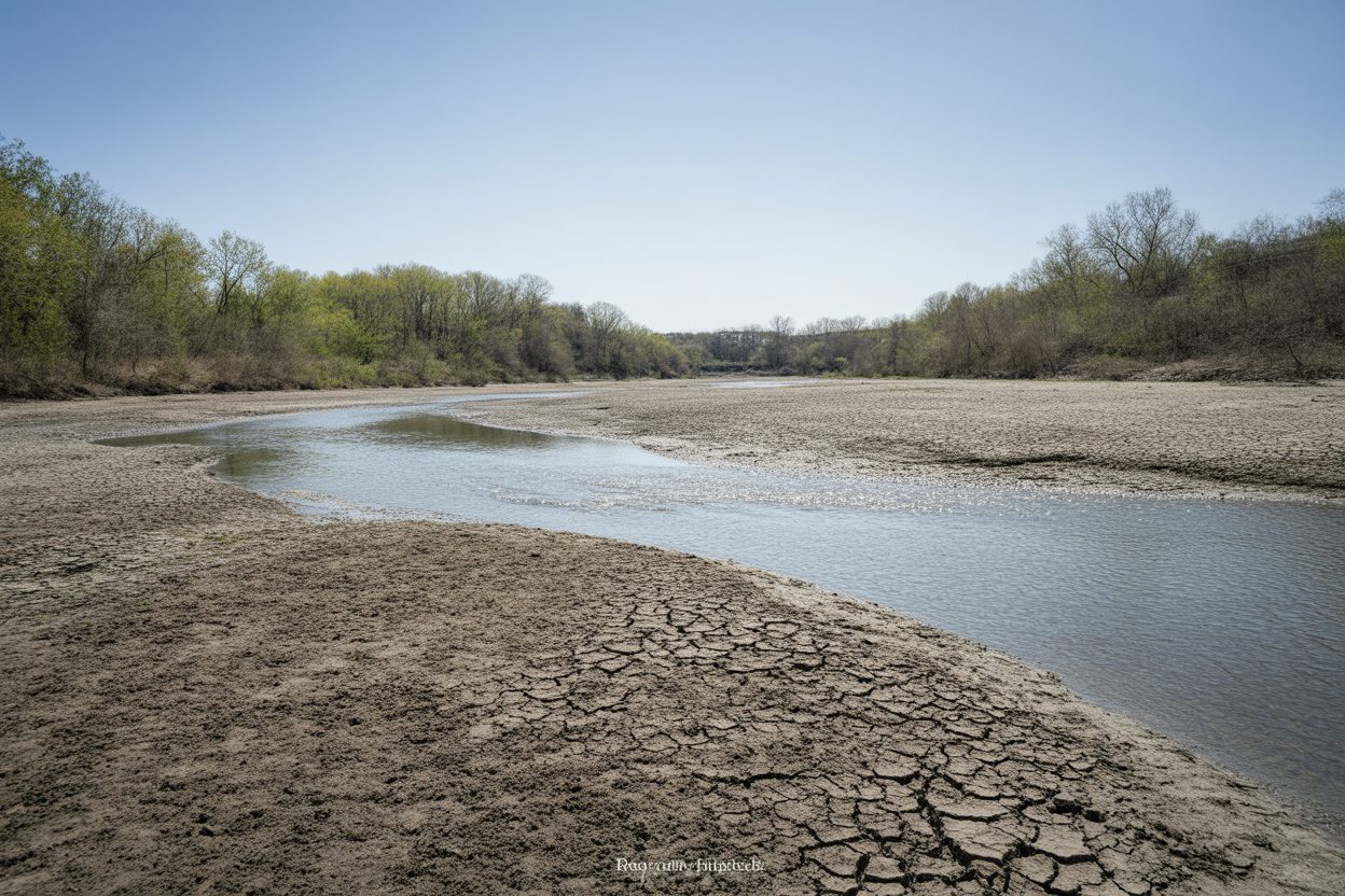 Sécheresse : la Risle passe en alerte, nouvelles restrictions sur 150 communes de l'Eure Lit de rivière asséché avec terre fissurée sous le soleil, végétation desséchée en bordure