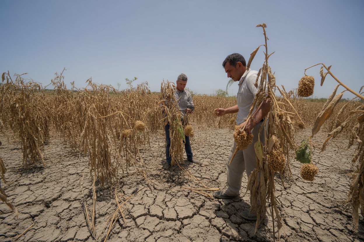 Sécheresse : les élus martiniquais réclament leur part du plan agricole national Champs agricoles desséchés avec cultures fanées et terre craquelée sous le soleil intense