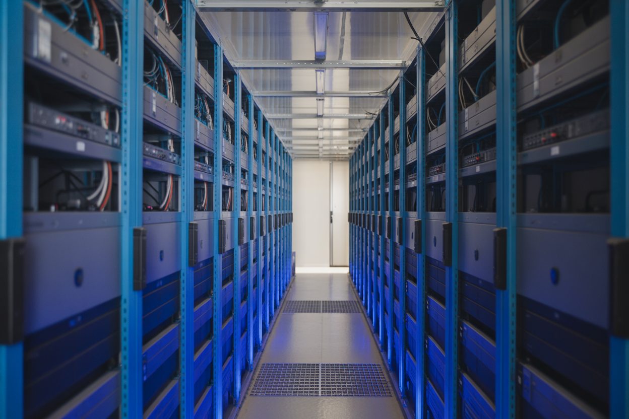 SoftBank déploie 75 milliards d'euros dans les datacenters IA français, le double des investissements totaux de 2018 à 2025 Rangées de serveurs informatiques illuminés dans une installation de data center moderne