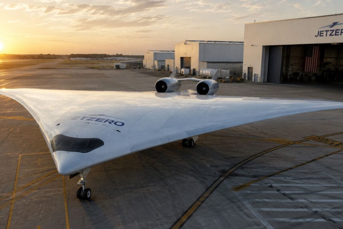 JetZero Z4 en vol avec son imposante architecture à fuselage intégré Blended Wing Body conçue pour 250 passagers