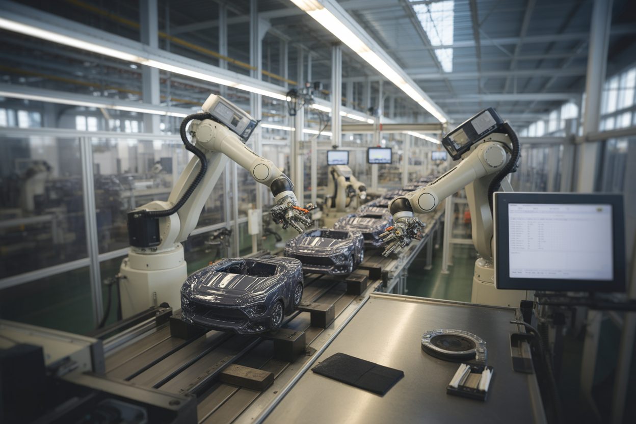Stellantis injecte 1 milliard d'euros à Mulhouse pour trois Peugeot électriques dès 2029 Chaîne de montage automobile avec bras robotisés en action dans une usine moderne