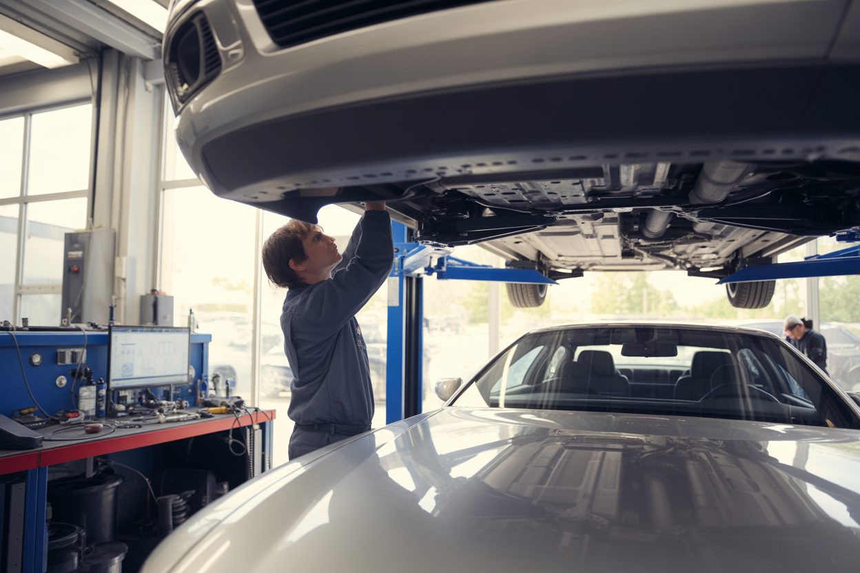 Technicien effectuant un contrôle de maintenance sur un véhicule en atelier automobile